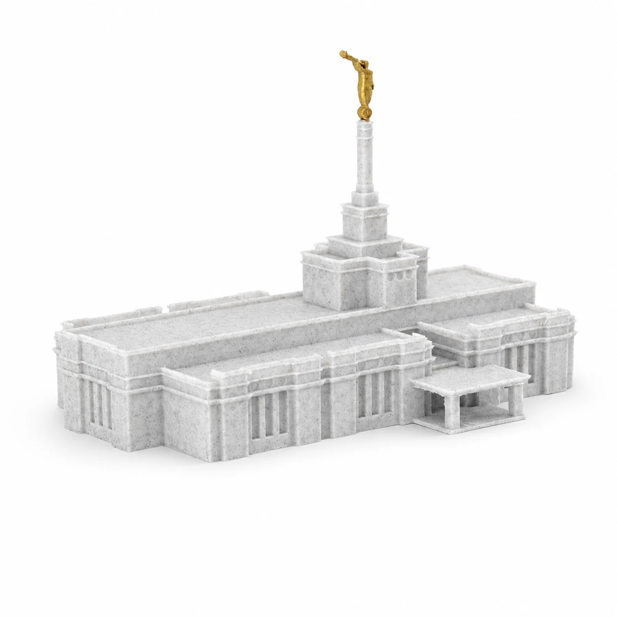Adelaide Temple 3D printed model in Marble Grey with gold Angel Moroni - main hero shot