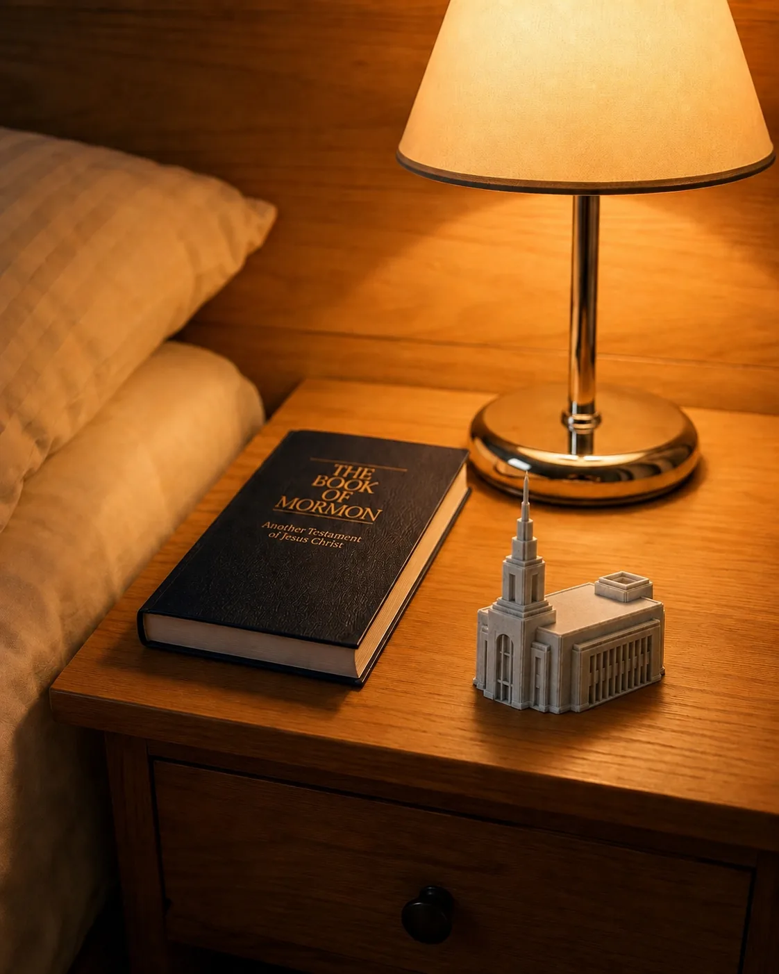 Auckland New Zealand Temple 3D printed model displayed on a bedside table