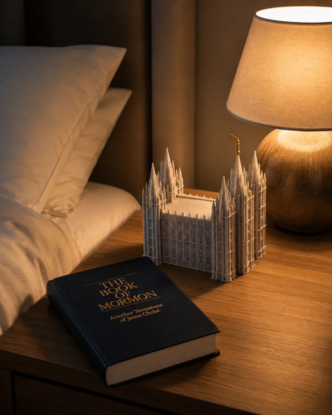 Salt Lake Temple 3D printed model beside a Book of Mormon on a bedside table