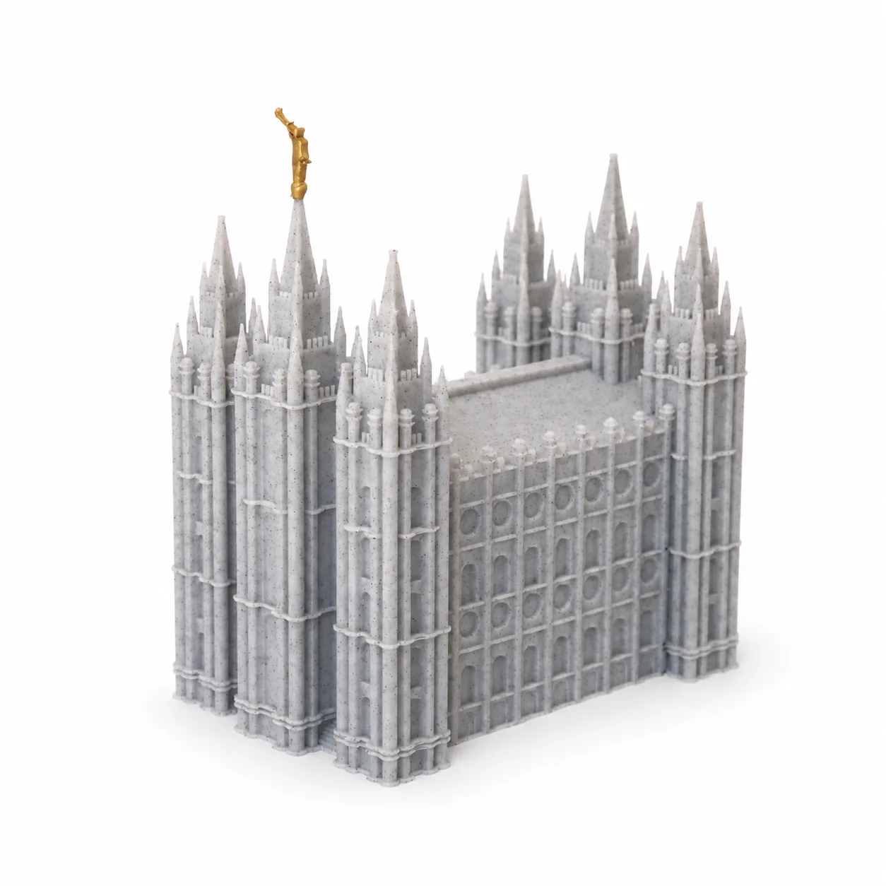 Salt Lake City Temple 3D printed model in Marble Grey - front hero shot with gold Angel Moroni